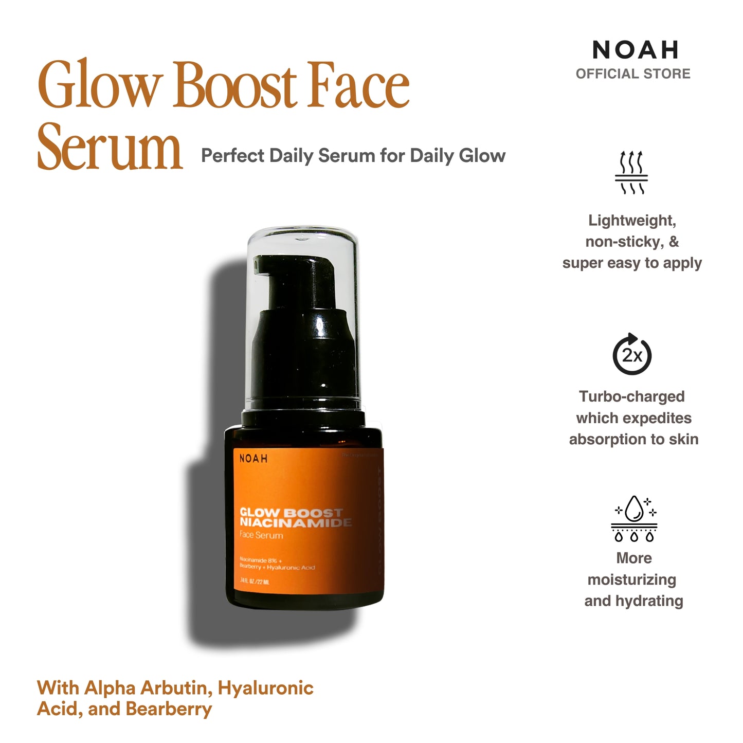 Noah Glow Boost Niacinamide Face Serum 22mL with Formula Booster (Works faster to control oil, acne, increase radiance and improve pore size)